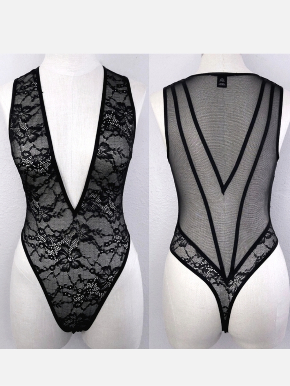 Victoria's Secret Black Floral Lace Teddy Deep Plunge Bodysuit XS